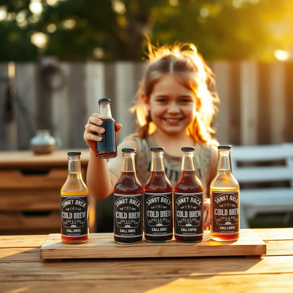 A young girl entrepreneur selling bottles of cold brew coffee